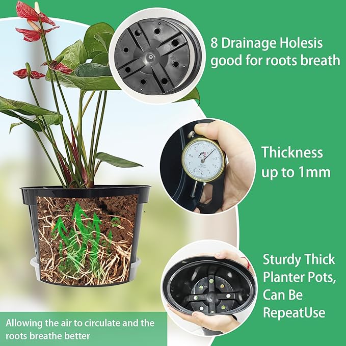 12 Pack Plant Pots, 8 Inch Plant Planter with Clear Saucer, Plastic Pots for Plants Indoor and Out Door Such as Strawberry, Herb and Flowers (Black)