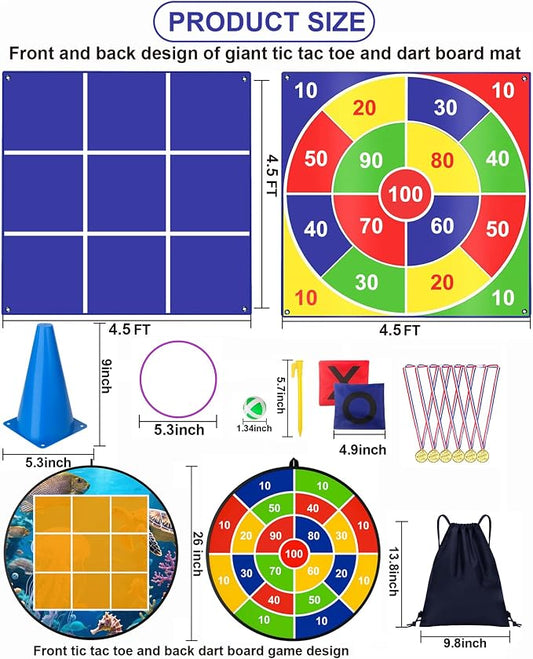 Outdoor Giant Tic Tac Toe Yard Games Double-Sided with Bean Bag Toss Mat, 26" Dart Board with Sticky Balls, Soft Plastic Cones Ring Toss Game for Kids Adults Family Indoor Outside Carnival Lawn Games