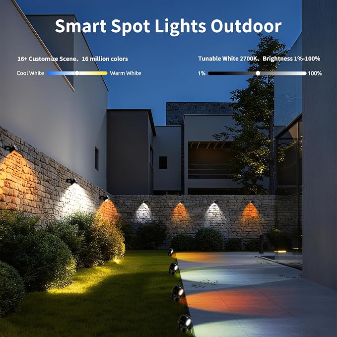 VTimes 8pcs Smart RGBW Landscape Lights IP65 Waterproof Outdoor SpotLights | Low Voltage Landscape Lighting, APP & Remote Control and Timing, Color Changing Outdoor for Yard, Garden, Lawn, Holiday Decor