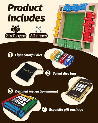Classic Original Shut The Box Game, Math Dice Board Game for Family Night Classroom Travel, Wooden Table for Group Kid Adult Senior, Camp Party Bar, Easy Quick and Fun, 2-4 Players