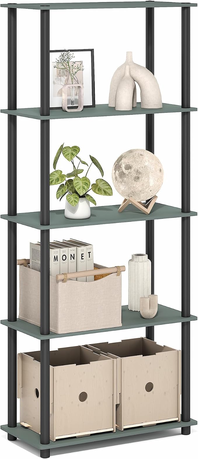 Furinno Turn-N-Tube Storage Shelves, 5-Tier Book Shelf, Corner Shelf, Toolless Open Shelves, for Organization and Storage, Living Room, Garage, Home Office, Sage Green