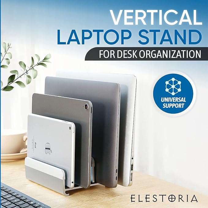 Elestoria 5-Slot Vertical Laptop Stand - Aluminum Laptop Stand Vertical for Desk -Laptop Holder with Adjustable Width (12-38mm) Compatible with MacBook Pro/Air & Gaming Laptops up to 17.3"-Grey
