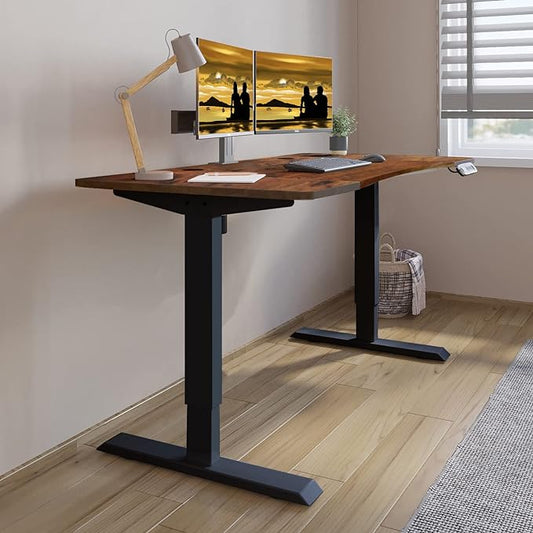 Dual Motor Electric Standing Desk - 63 x 30 Inch Adjustable Height Sit Stand Computer Desk with Splice Board, Stand Up Desk Table for Home Office, Rustic Brown Top(with Radian)