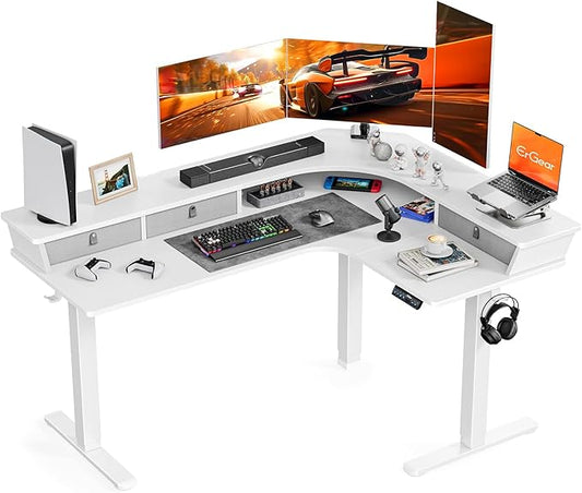 ErGear 65'' L Shaped Standing Desk for Gaming, [3 Drawers & 2 Cable Management Trays] Corner Stand up Desk [Compatible w/C-Clamp Mount] Height Adjustable for Home Office, White