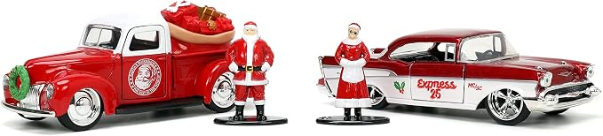 Jada Toys Holiday Rides 1:32 1941 Ford Pickup & 1957 Chevy Bel-Air Die-cast Car with 1.65” Santa Claus & Mrs. Santa Claus Figure, Toys for Kids and Adults