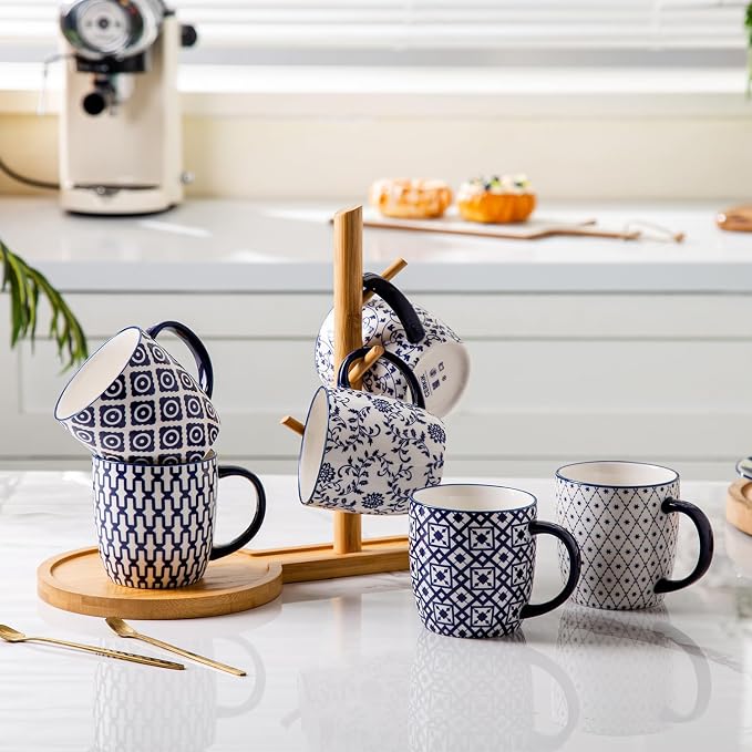 Ceramic Coffee Mugs Set - 10 OZ Large Porcelain Tea Cups with Handle for Milk Cappuccino Latte Cocoa Tea - Microwave Dishwasher Safe - Christmas Housewarming Gift -Set of 6 - Vintage Blue