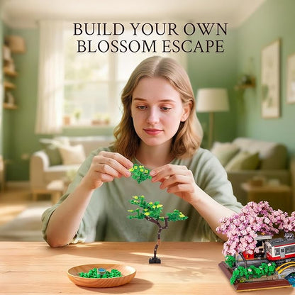 Wise Block Cherry Blossom Train Diorama Building Set – Japanese Artificial Bonsai Tree Block Set for Home Office Botanical Decor, 3150 Pcs