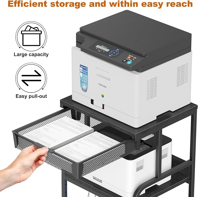 EasyCom Large Printer Stand with Storage Drawer, 5 Adjustable Shelf & 3-Tier Rolling Cart with Industrial Wheels for Desk, Mobile Printer Table for Home Office Fits 3D Printer Scanner Fax Black