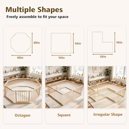 Baby Playpen, 56 * 56 * 24 inches Wooden Play Yard with Gate, Playpen for Babies and Toddlers, Baby Activity Center with Child-Proof Lock, Fence Play Area for Toddlers 6 to 36 Months