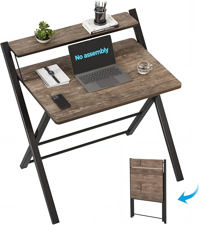 GreenForest No Assembly Folding Desk, 2-Tier Compact Computer Desk with Shelf, 30 inch Space Saving Foldable Table for Home Office, Dorm or Apartment, Portable Collapsible Sturdy Laptop Desk, Brown | Portable Foldable Table for Laptop, 2-Tier Compact w...