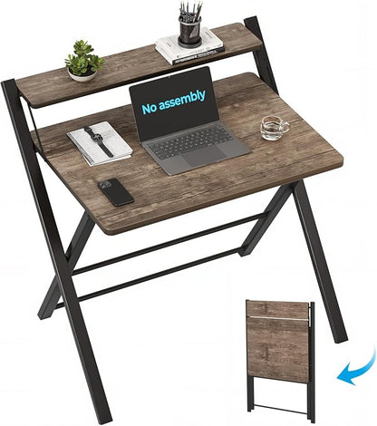 GreenForest No Assembly Folding Desk, 2-Tier Compact Computer Desk with Shelf, 30 inch Space Saving Foldable Table for Home Office, Dorm or Apartment, Portable Collapsible Sturdy Laptop Desk, Brown | Portable Foldable Table for Laptop, 2-Tier Compact w...