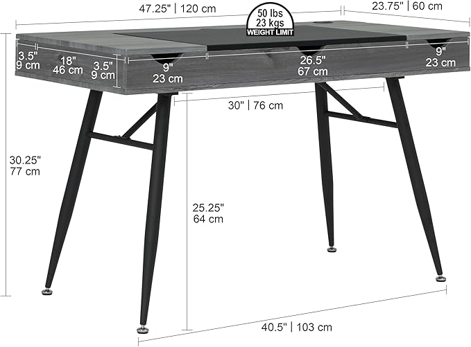 Calico Designs Nook Modern Office, Laptop, Writing Desk with Storage Compartments, Black/Greywash