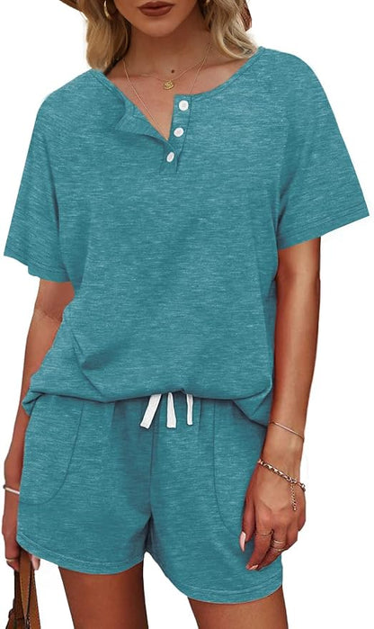 WIHOLL Two Piece Outfits for Women Lounge Sets Button Down Top and Shorts Set Sweatsuits with Pockets