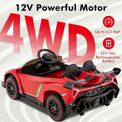 INFANS 2 Seater Kids Ride on Car, 12V 4WD Licensed Lamborghini Veneno Powered Electric Vehicle with Hydraulic Doors, Rocking Mode, Adjustable Speeds, Remote Control, MP3, Headlight (Red)