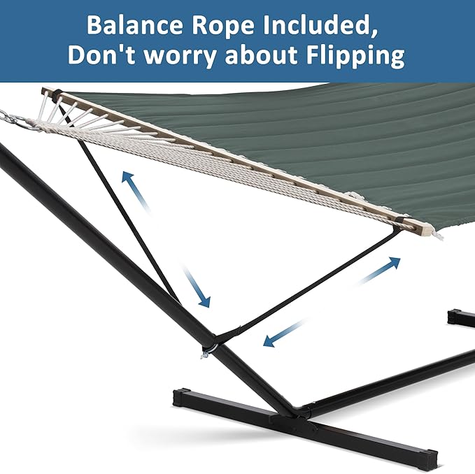 SUNCREAT Hammocks Extra Large Double Hammock with 12 ft Stand, 475lbs Capacity, Outdoor Portable Hammock with Hardwood Spreader Bar, Extra Large Pillow, Gray Green