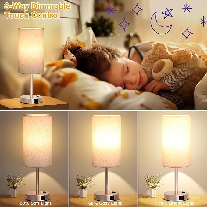 Dicoool Touch Bedside Table Lamp with USB - 3 Way Dimmable Lamp for Bedroom Nightstand, Desk Lamp with Charging Station for Dorm, Office, Living Room,Kids Room