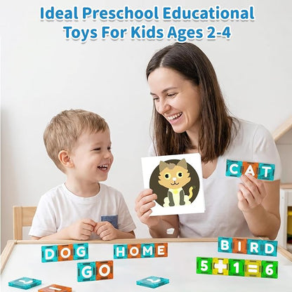 SKTMYY Magnetic Tiles Letters & Numbers, 69PCS Mini Travel Magnet Building Blocks Alphabet ABC Learning Toys for Kids Toddlers Montessori STEM Toy for Preschool Classroom Birthday Gifts for Boys Girls