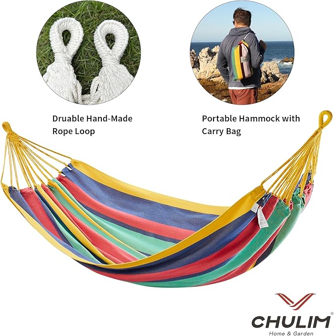 Brazilian Double Hammock with Tree Straps,Extra Large 94x63IN,2 Persons Hammock for Backyard Patio Outdoor and Indoor,450lbs Weight Capacity,Soft Woven Cotton Fabric - Aqua Bule Stripe