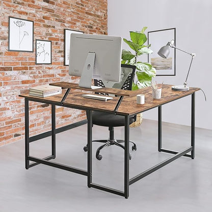 L Shape Computer Desk - Spacious 55 inch Corner Desk Home Office Desk Gaming Desk with Reversible Monitor Stand and Adjustable Feet, Easy Assembly, Rustic Brown