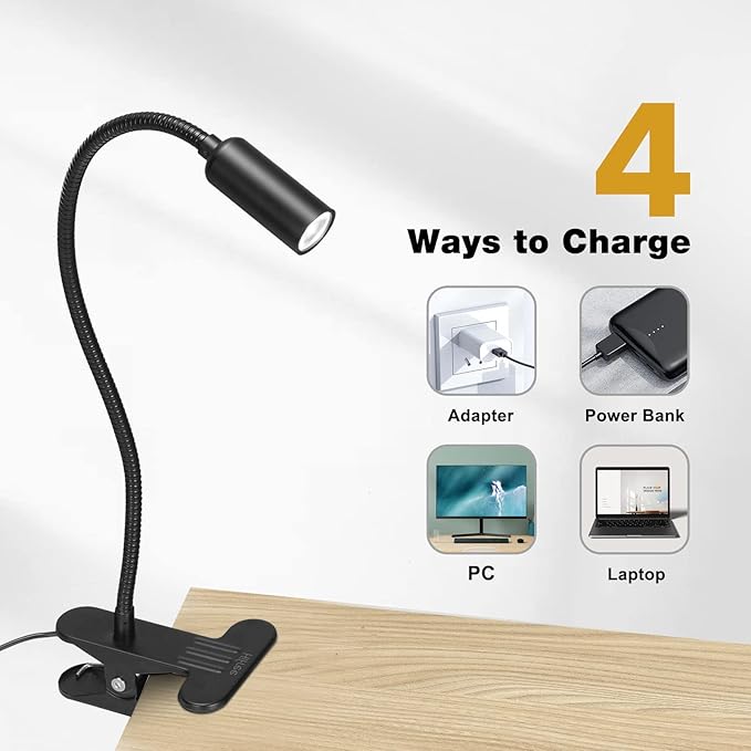 JHD Led Desk Lamp with Clamp - 10 Brightness Levels, 12" Flexible Gooseneck,Eye Protection USB Lamp - Suitable for Home Office, Reading, Bed Light,Quality Black Metal Clamp Light,Headboard Lamp