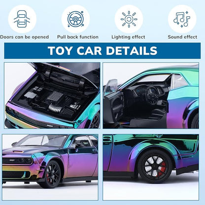 Car Toys for Boys 1/24 Diecast Cars Hellcat SRT Collectibles Model Kit,Pull Back Metal Toy Car with Lights and Sounds,Toy Cars for Boys Age 4-7（Gradient Purple）
