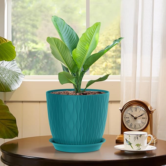 7 inch Flower Pots, 5 Pack Plant Pots with Drainage Holes and Saucers for Indoor Plants, Plastic Planters with Water Ripple for Small Garden House Plants, Nursery Pots for Succulent, Blue Green