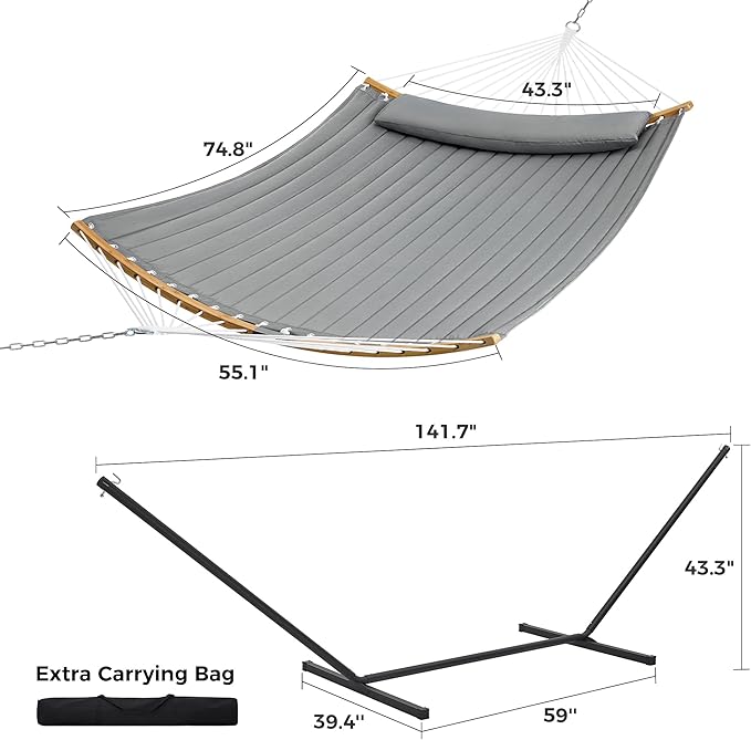 SUPERJARE Hammock with Stand, 2 Person Heavy Duty Hammock Frame, Detachable Pillow & Strong Curved-Bar & Portable Carrying Bag, Perfect for Outdoor & Indoor - Gray