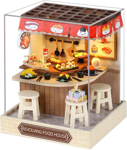 DIY Miniature House Kit, Mini House Building Kit with LED & Dust Cover, DIY Wooden Dollhouse Miniature Kit for Adults Teen, Wooden Crafts Lovely Dollhouse Kit, Revolving Food House