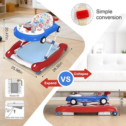 5-in-1 Convertible Baby Walker with Steering Wheel Music Activity Center – Infant Rocker, Jumper, Push Walker, Bouncer & Feeding Foldable Walker for Ages 6-18 Months Boys Girls (Red Blue)