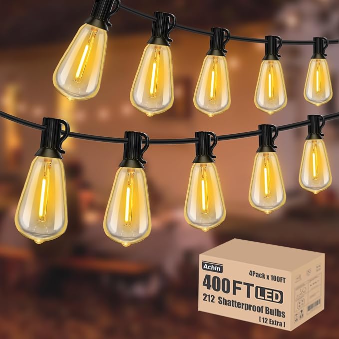 Achin String Lights for Outside 400FT(100ft*4) 2200K Warm Edison String Lights with 200+12 LED Vintage ST38 Bulbs Shatterproof Patio Lights Outdoor Waterproof for Yard Market Bistro Gazebo