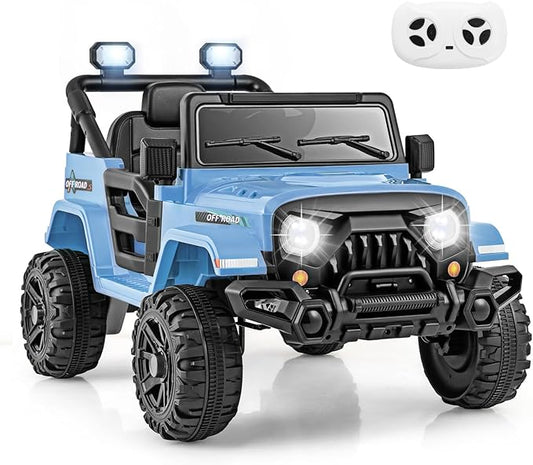 Costzon 12V Kids Ride on Truck Car, Electric Vehicle w/Remote Control, Threaded Wheels, 3 Speeds, LED Lights, Music, Horn & Wireless Connection, Battery Powered Ride on Toy for Boys & Girls 3+ (Blue)