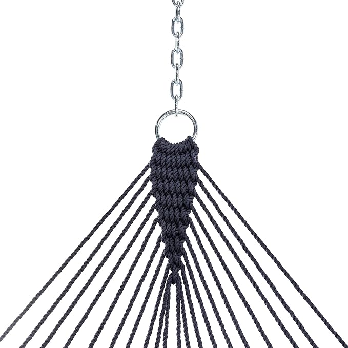 Castaway Living 13 ft. Double Traditional Hand Woven Navy Polyester Rope Hammock with Free Extension Chains, and Tree Hook, for 2 People with a Weight Capacity of 450 lbs.