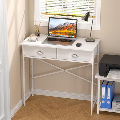 DAOUTIME Small Writing Desk for Kids Bedroom, 31.5 Inch Small Computer Desk for Small Spaces, Simple Desk with 2 Fabric Drawers for Home Office, Dorm, Living Room, Home Study Table, White