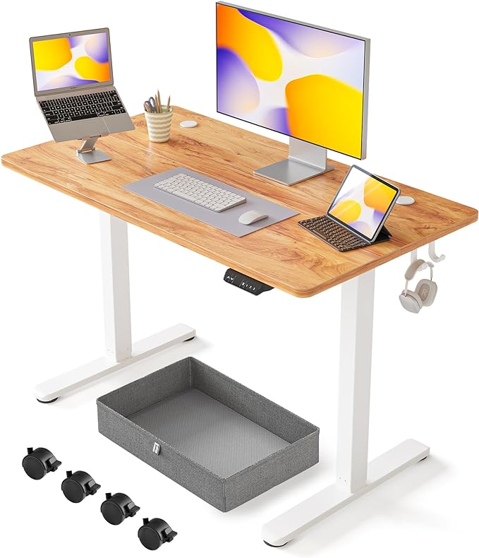 FEZIBO 40 x 24 Inches Standing Desk with Drawer, Adjustable Height Electric Stand up Desk with Storage, Sit Stand Home Office Desk, Ergonomic Computer Desk, Light Rustic