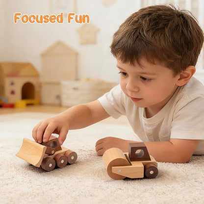 Wooden Toy Cars for 3 Year Old Boys & Girls - Construction Vehicles Set Push Toys for Toddlers, Wood Montessori Car with Rolling Wheels, Natural Wood Toys (Bulldozer & Road Roller)