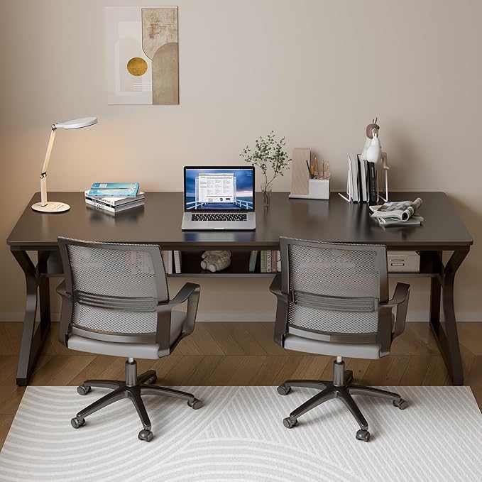 OSCHF 71-Inch Extra Long Desk with Storage Shelf, Black | Double Long Writing Table, Space-saving, 2-Person Workstation, Modern Study Work Computer Desk, For Home Office