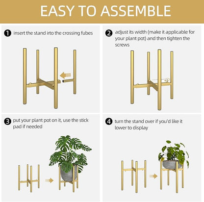 Adjustable Metal Plant Stand Indoor, Mid Century Modern Outdoor Planter Holder for 8 to 14 Inch Pots, Heavy Duty 160 LB Load, Corner Floor Stand for Home Garden Decor Golden