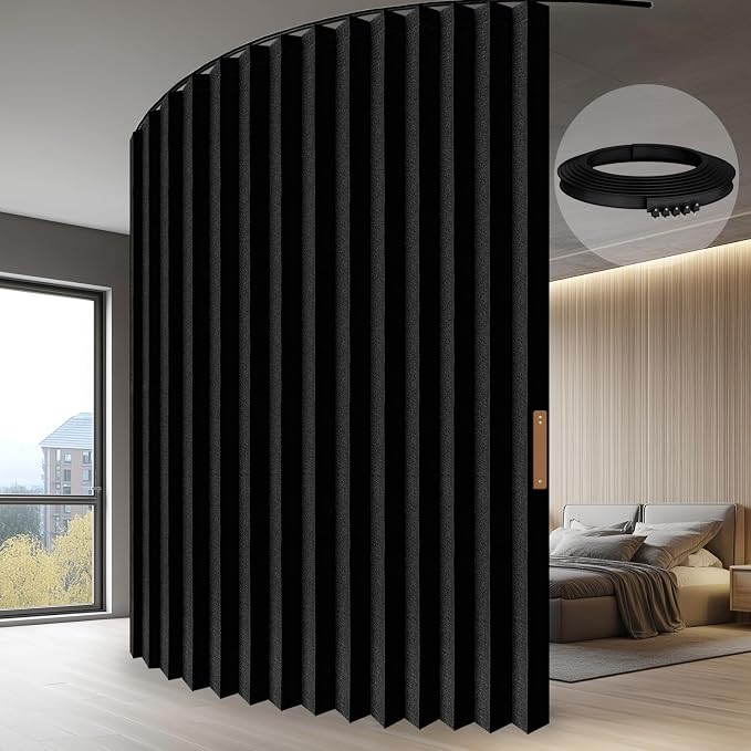 JILRON Accordion-Style Room Divider with Ceiling Track - Foldable Partition Curtain, Easy Installation(Black 180" W x 84" L-Pack of 1)