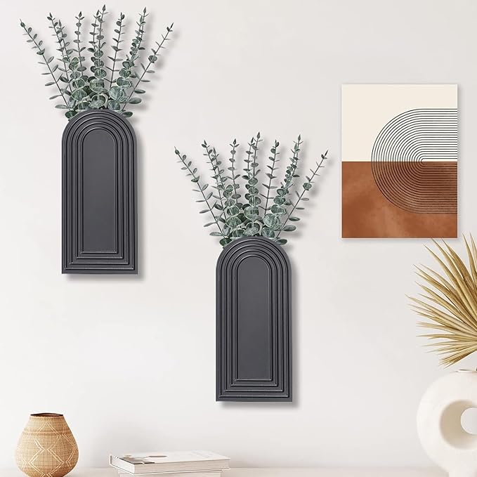 Dnnnii 2 Pack Wooden Wall Vase Set - Black Finish Modern Farmhouse & Boho Wall Decor for Entryway, Hallway, Bathroom, Living Room, Dining Room, Narrow Spaces