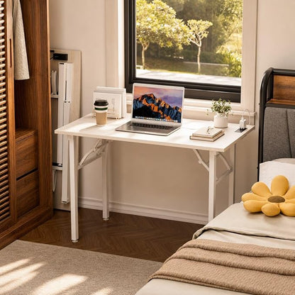 Folding Table Computer Desk - 43.3" No Assembly Folding Desk with Power Outlets & USB Charging Port, Small Desk, Foldable Office Desk, Compact Storage Portable Use for Small Space, White Ash