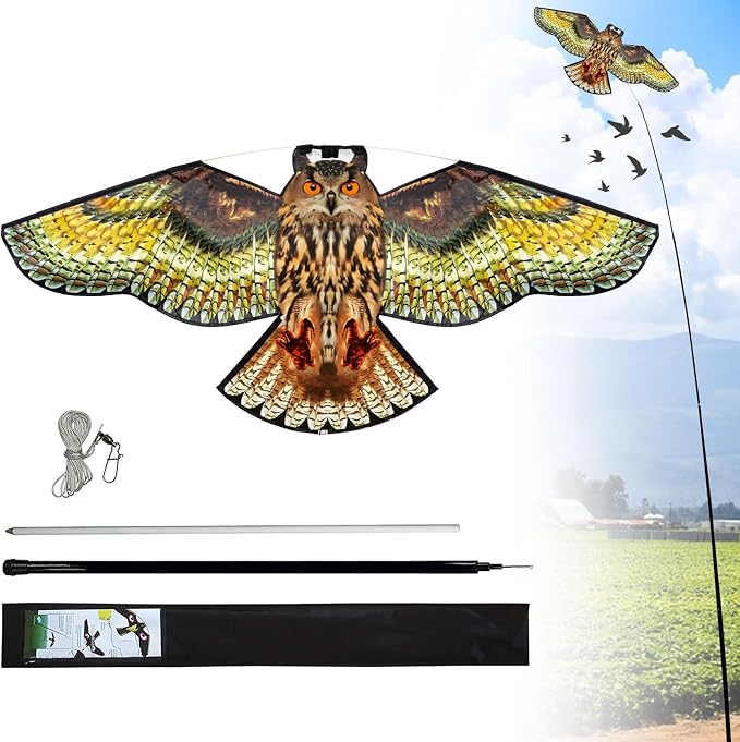 Bird Hawk Flying Kite with Pole Crop Protector Bird Scare Kites with 4m Pole - Owl Kite