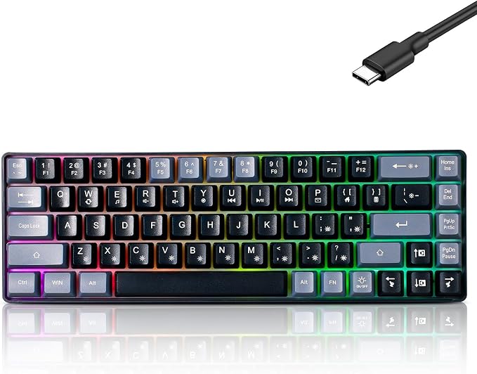 Guiheng Wired Portable 60% Mechanical Feeling Gaming Keyboard,RGB LED Backlit Compact 68 Keys Mini Wired Office Keyboard for Windows Laptop PC Mac Gamer, Typist, Travel on Business Trip Black–Grey