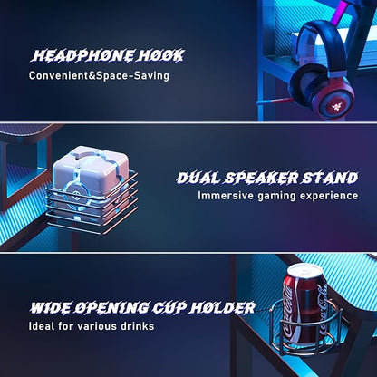 Gaming Desk with Power Outlet&Led Lights, Computer Desk with Monitor Stand and Open Shelf,Gamer Table Workstation with Cup Holder, Headphone Hook, 2 Speaker Stand for Home Office