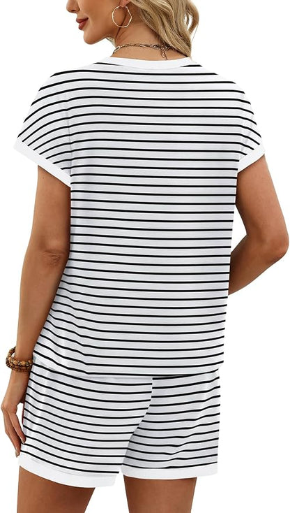 WIHOLL Two Piece Sets for Women Summer Lounge Short Sets Cap Sleeve Crew Neck Sweatsuit with Pocket XS-2XL