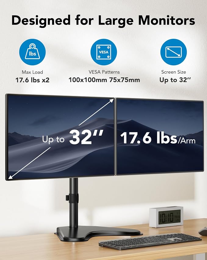 HUANUO 32 inches Dual Monitor Stand up to 17.6lbs per Arm, High-Grade Aluminum Free Standing Dual Monitors Mount for 2 Screens. Fully Adjustable Dual Monitor Stand for Desk with Tilt, Swivel, Rotation