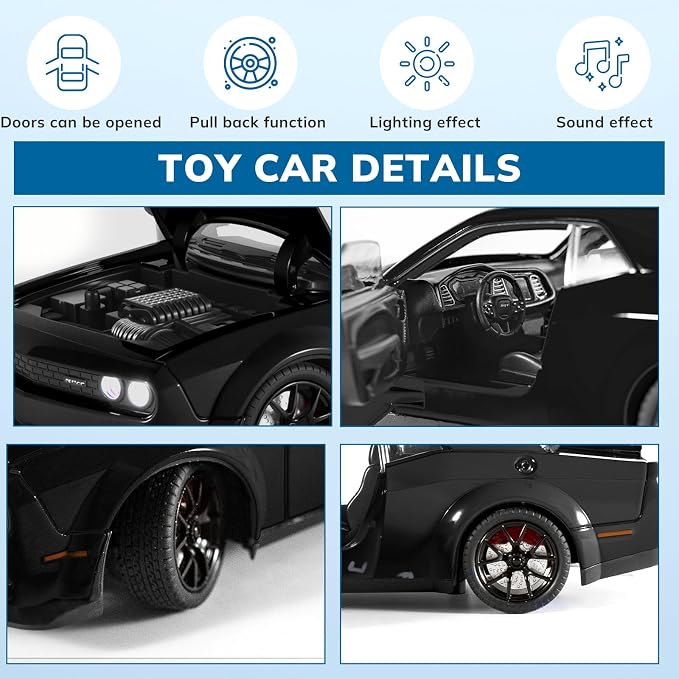 Car Toys for Boys 1/24 Diecast Cars Hellcat SRT Collectibles Model Kit,Pull Back Metal Toy Car with Lights and Sounds,Toy Cars for Boys Age 4-7（Black）