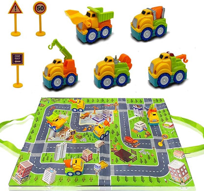 Construction Toy Trucks and Play Mat – Build & Play Vehicles with Foldable Mat & Storage Bag | Portable Travel Toy for Toddlers Kids Ages 2-5 | Easy Storage & Transport for Fun On-the-Go