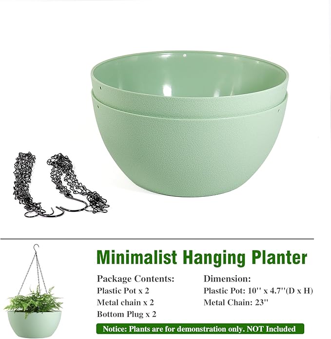 10 inch Hanging Planters for Outdoor Indoor Plants with Drainage Holes and Chain, 2 Pack Round Hanging Flower Pots for Garden Home Porch Decor,Green