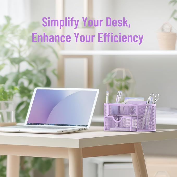 Mesh Desk Organizer with Drawer, 9-Compartment Pen Holder for Desk, Purple | Pull-Out Drawer Stores Pens, Pencils, Clips, Notes, and Small Office or School Supplies in One Compact Desk Caddy