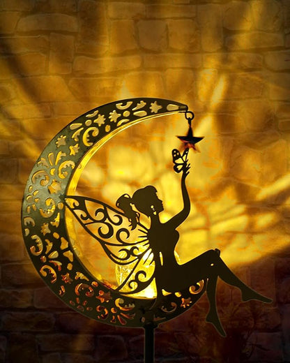 Vuees Solar Garden Statues Outdoor Decor, Fairy Moon Figurine Light Stake, Housewarming Ornament for Patio, Lawn, Yard, Pathway - Unique Gift Ideas for Gardening Mom Grandma